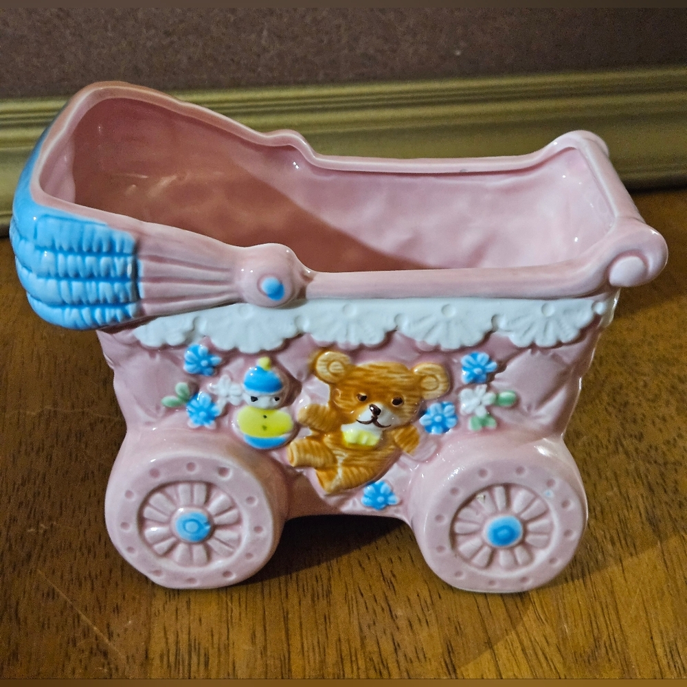 Vintage Inarco Pink Baby Carriage Planter with Bear Design
